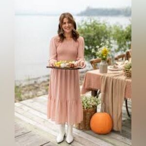 Jilly box Grace Pink Smocked Tiered Sundress with Bishop Sleeves